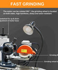 Beefy 220V Universal Tool Grinder Featuring A Snappy 0.55KW Motor With A Dead Straight 360 Degree Rotating Head And Rock Solid Linear Guide Table For Sharpening Metal Blades And Hobbing Tools, showcasing motor adjustment controls and grinding wheel.