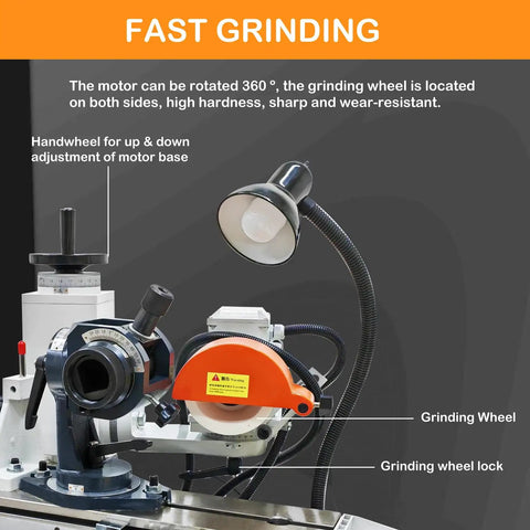 Beefy 220V Universal Tool Grinder Featuring A Snappy 0.55KW Motor With A Dead Straight 360 Degree Rotating Head And Rock Solid Linear Guide Table For Sharpening Metal Blades And Hobbing Tools, showcasing motor adjustment controls and grinding wheel.