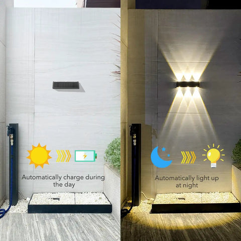 Outdoor Solar Wall Light Up And Down Aluminum Sconce Waterproof Dusk To Dawn 3000K Warm White on exterior wall, day and night use