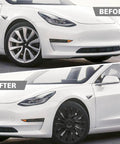 Tesla Model Y Wheel Covers 19 Inch 4 Piece Set sleek rim guards on a white car showing before and after installation.