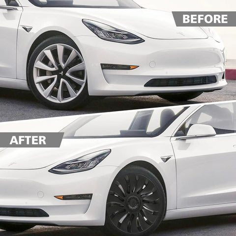 Tesla Model Y Wheel Covers 19 Inch 4 Piece Set sleek rim guards on a white car showing before and after installation.