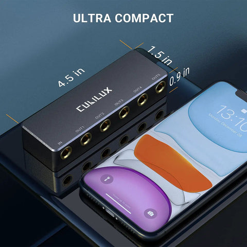 Passive One Quarter Inch Audio Splitter Box With Five TRS TS Outputs For Guitar Signal, size comparison with smartphone