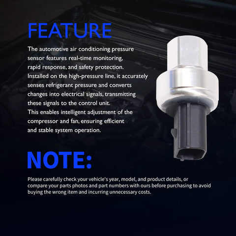 AC Pressure Sensor Switch For Lincoln MKT MKX MKC Aviator Continental Mark LT And Ford Edge Escape Mustang F650 Fiesta Bronco Explorer Fusion Maverick Plug And Play Replacement Sensor displayed with features note