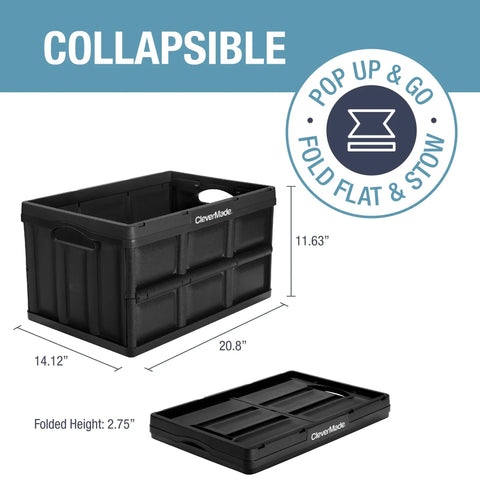 Obsidian Collapsible Storage Bins 46L Pack Of 3 Stackable Heavy Duty Folding Crates dimensions and folded view