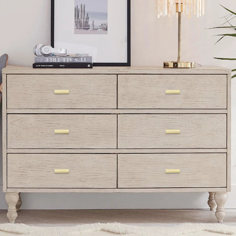 10 Pack Brushed Gold Cabinet Knobs for Kitchen Cabinets and Drawers installed on a wooden dresser showcasing classic finishing touch