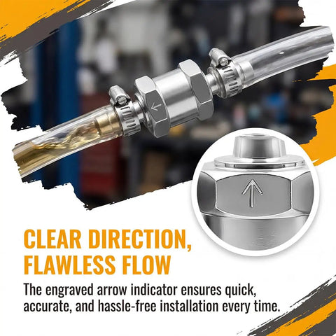 Built Tough One Way Check Valve Two Pack Quarter Inch Fuel Line Assembly Aluminum Alloy Body with clear arrow indicator for precision.
