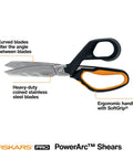 PowerArc 8 Inch Heavy Duty Shop Shears With Serrated Stainless Steel Blades and Comfort Grip displayed in packaging.
