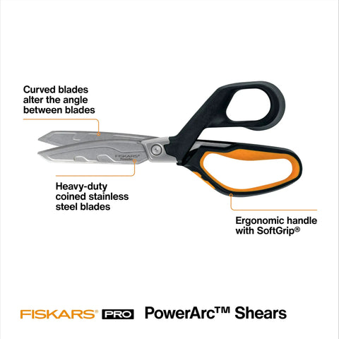 PowerArc 8 Inch Heavy Duty Shop Shears With Serrated Stainless Steel Blades and Comfort Grip displayed in packaging.