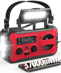 Emergency Radio With NOAA Weather Radio And AM FM Bands 10000mAh Power Bank USB Solar And Hand Crank Charging Builtin LED Flashlight SOS Alarm Reading Lamp Indoor Outdoor Ready For Storms And Blackout Prep, red unit with controls and light.