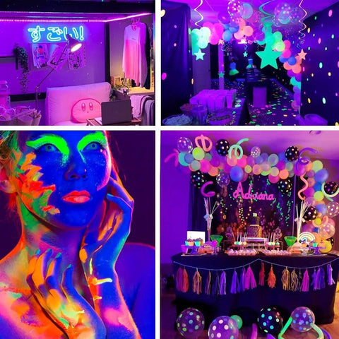 Glowing dance party setup with Upgraded 16.4Ft 5M LED Black Light Strip Kit With Remote Control 300 LEDs 12V Self Adhesive