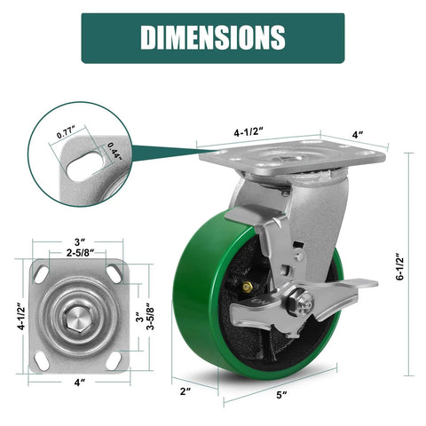 Diagram of 5 Inch By 2 Inch Industrial Heavy Duty Cast Iron Caster Set Of 4 With Polyurethane Tread Non Marking Green Wheels And 2 Brakes