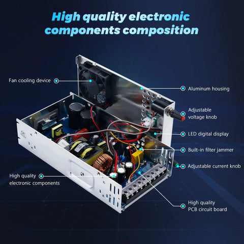 60V 600W Adjustable DC Power Supply With LED Digital Display Converts 110V Or 220V AC To 0 To 60V DC 10A Max Switching Converter For 3D Printers CCTV And Dimmable LED Projects With 5V 12V 24V 48V Buck Outputs, open aluminum housing