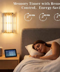 Set Of Two Gold Crystal Wireless Wall Sconces With Smooth Remote Control Rechargeable Cordless Lighting Featuring 12 RGB Colors And 3 CCT White Adjustable Dimming Options For Bedroom Living Room total glow up no sweat install, illuminating a bedroom.