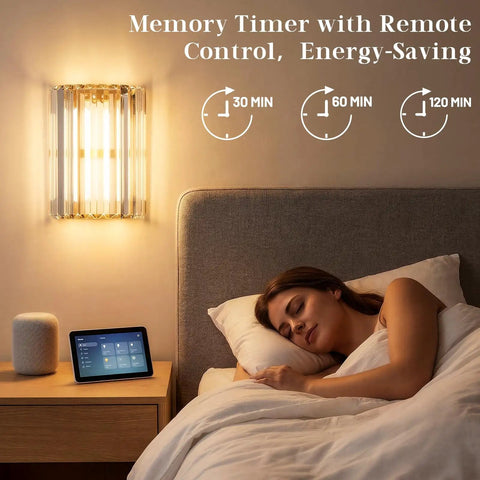 Set Of Two Gold Crystal Wireless Wall Sconces With Smooth Remote Control Rechargeable Cordless Lighting Featuring 12 RGB Colors And 3 CCT White Adjustable Dimming Options For Bedroom Living Room total glow up no sweat install, illuminating a bedroom.