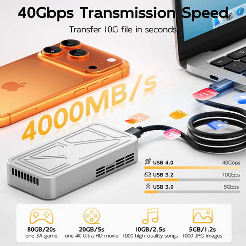 Heavy Duty M2 Nvme Enclosure With Badass Cooling Fan 40 Gbps Usb 4 Hard Drive Case connected to a laptop, showcasing fast transfer speeds.
