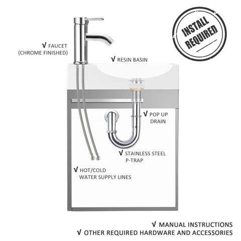 Diagram of Compact 16 Inch Bathroom Vanity Sink Combo For Small Spaces Wall Mounted Cabinet Set With Chrome Faucet Pop Up Drain U Shape Drain