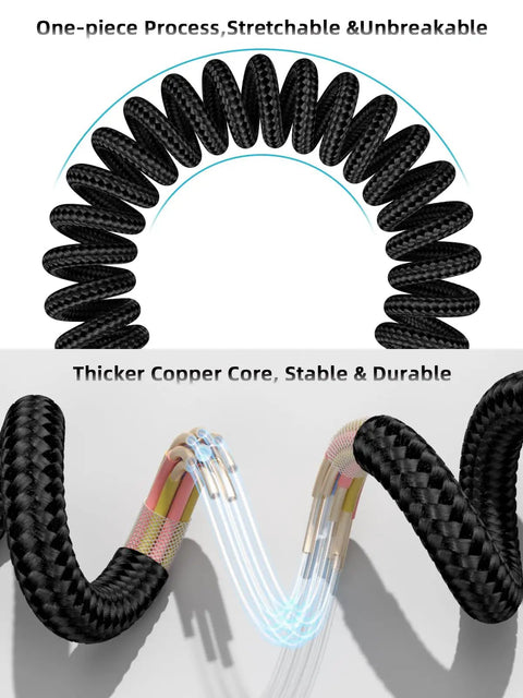 Coiled black USB-A to USB-C cable with visible copper core, part of Two Pack 3ft Coiled USB A To USB C Fast Charge Car Cord For iPhone 17 16 15 Plus Pro Max And MacBook Pro Retractable CarPlay Cable That Stays Tangle-Free In Car Charging Cable For Easy Backseat Power