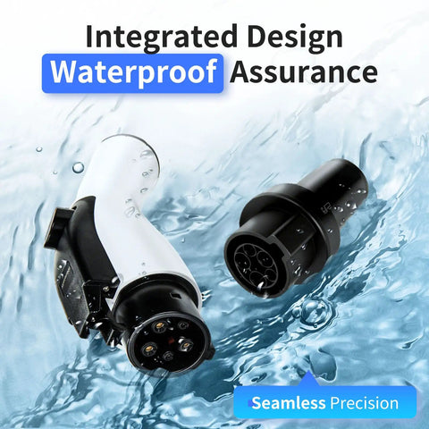 Heavy Duty EV Charger Extension Cable 30 Foot 50 Amp Level 2 J1772 Compatible plug with waterproof design in water.
