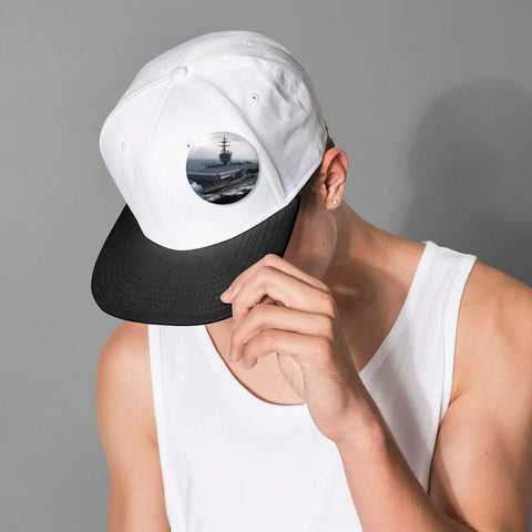 Person wearing white cap with custom photo print button from 12 Pack 2.4 Inch Round Button Pins Set Made From Durable Tinplate Metal
