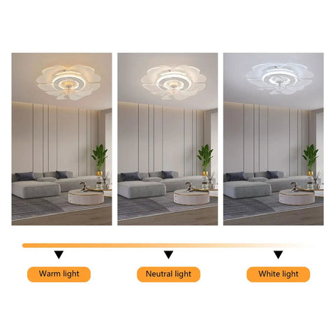 Ceiling Fan with Light 18.5 Inch App-Controlled Efficient Motor Finish showcasing warm, neutral, and white light settings in living room.