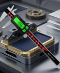 Stainless Steel Digital Caliper Delivers ±0.03 Mm Accuracy measuring on a workshop table with gears in background.