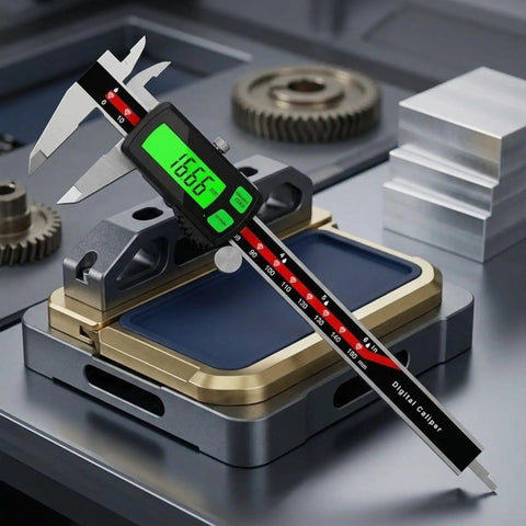 Stainless Steel Digital Caliper Delivers ±0.03 Mm Accuracy measuring on a workshop table with gears in background.