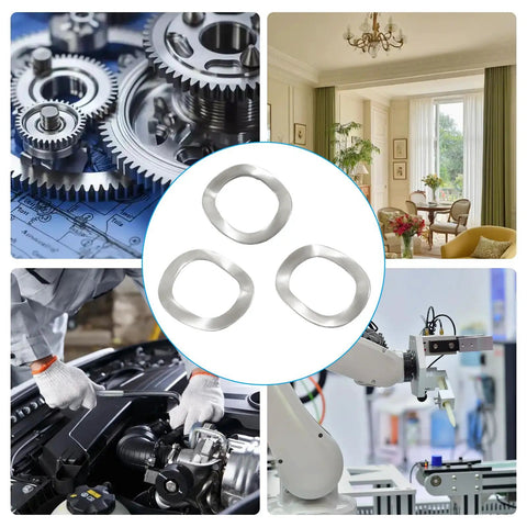 50 Pack Straight Up Premium 304 Stainless Steel Wave Washers for securing bolts in various projects, shown in multiple work environments.