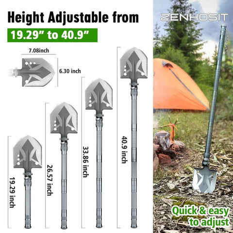 All In One Folding Tactical Shovel Hatchet Kit with height adjustable from 19.29 to 40.9 inches next to camping gear