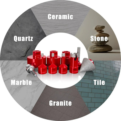 Diamond Hole Saw Kit For Tile Granite Marble Ceramic 10 Piece Drill Bit Set with various material uses illustrated