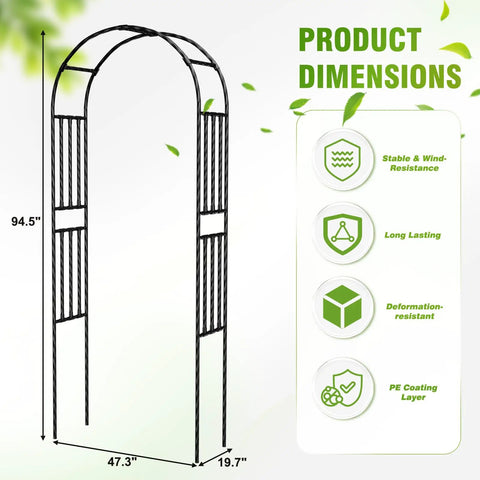 Sturdy Garden Arbor Arch For Climbing Plants With Durable PE Coated Metal Frame Measuring Seven Point Nine By Three Point Nine Feet Wide Yard Trellis
