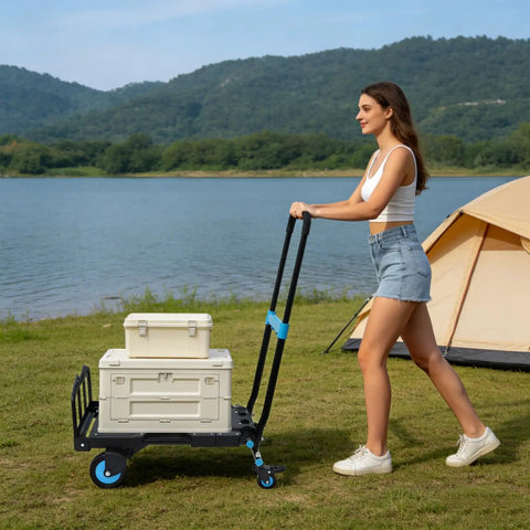 Two In One Folding Hand Truck Dolly Workhorse With Four Quiet TPR Wheels And 3 Level Adjustable Handle For Luggage Travel Office Moving Camping Outdoor Use Black Blue, camping gear loaded