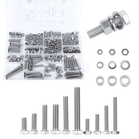 Kickstart Every Job With This Dang Tough 304 Stainless Steel Hex Bolt And Nut Assortment Kit With Heavy Duty Case For Auto And Home Repairs Smooth Threading No Sweat Fixes In 246 Piece Set showing various sizes of bolts, nuts, and washers.