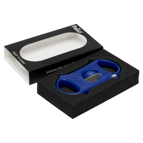 Deep V Cut Cigar Cutter For Ring Cigars With Stainless Steel Blades, Cuts Up To 64 Ring Gauge, blue finish in packaging.