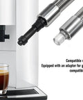 Heavy Duty Built Tough Coffee Machine Milk Tube Replacement, Stainless Steel Coiled Hose And PC Milk Line, Effortless Plug N Play Fit For Jura WE8 E6 D6 Z8 Z6 Systems close-up with adapter.