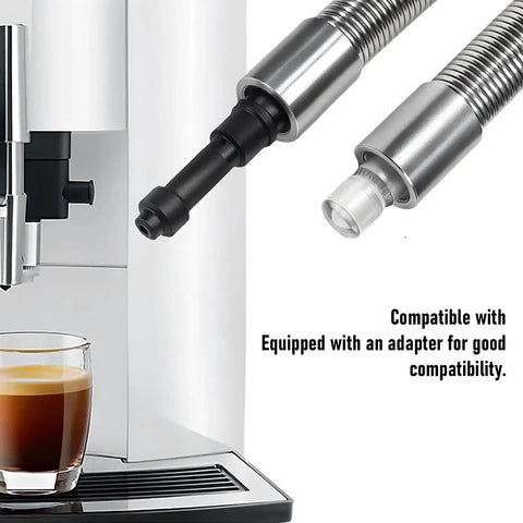Heavy Duty Built Tough Coffee Machine Milk Tube Replacement, Stainless Steel Coiled Hose And PC Milk Line, Effortless Plug N Play Fit For Jura WE8 E6 D6 Z8 Z6 Systems close-up with adapter.