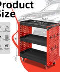 Beefy Three Tier Rolling Tool Cart On Wheels With 660 Lb Capacity, Heavy Duty Steel Garage Organizer With Rust Resistant Powder Coat, 34.2 Lb Net Weight, Smooth Rolling Mobility For Tools And Gear In Your Shop. red 3-tier steel cart with pegboard and casters