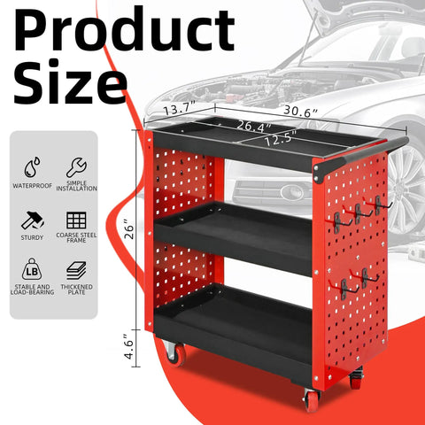 Beefy Three Tier Rolling Tool Cart On Wheels With 660 Lb Capacity, Heavy Duty Steel Garage Organizer With Rust Resistant Powder Coat, 34.2 Lb Net Weight, Smooth Rolling Mobility For Tools And Gear In Your Shop. red 3-tier steel cart with pegboard and casters