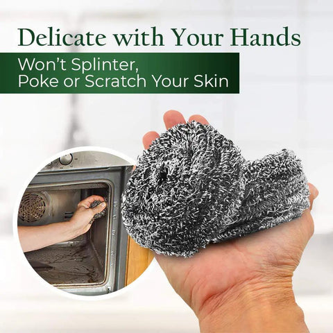 Hand holding Stainless Steel Scrubbers Set 2 Count, Rust Resistant Heavy Duty Scrubbers near text about safe handling.