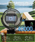 Clip On Fan 40000mAh Portable Rechargeable 8 Inch Battery Operated Fan with LED Light on a wooden desk outdoors