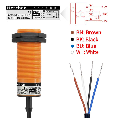 Capacitive Proximity Sensor Switch M30 1-20mm Detecting Range, 10-30V DC 200mA, NO NC, 4 Wire, 30mm Mount, 200cm Cable, Detects Dielectric Materials Built Tough For The Shop Floor shown with wire diagram and color-coded wiring.