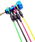 Four colorful lanyards attached to a stainless steel camera safety tether built tough with carabiner clip for GoPro and DJI Osmo Action.
