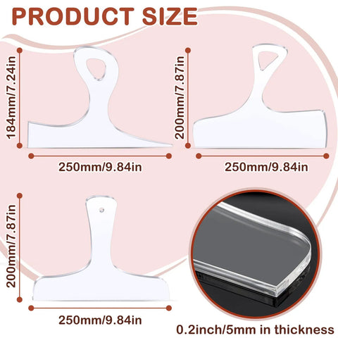 Set Of 3 Acrylic Charcuterie Handle Router Templates Woodworking Stencils For Cutting Boards Pro Guide Kit with size details.