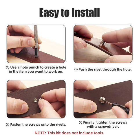 Step-by-step guide showing installation of 150 Set 8Mm Chicago Screws And Leather Rivets Kit for DIY crafting.
