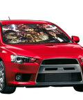Funny Windshield Sun Shade for Car, UV Blocking Window Cover on red vehicle, Weatherproof 51 x 27.5 Inch, interior view