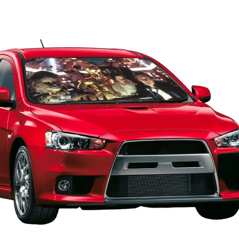 Funny Windshield Sun Shade for Car, UV Blocking Window Cover on red vehicle, Weatherproof 51 x 27.5 Inch, interior view