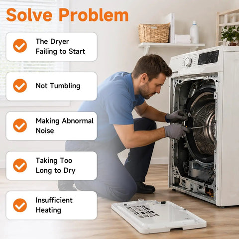 Man installing Next Level Dryer Drum Rollers Kit For LG And Kenmore Dryers, Smooth Quiet Operation, on open dryer.