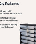 Side view of 24 Drawer Plastic Storage Organizer With Dividers For Office, Craft And Tools, showing key features text.