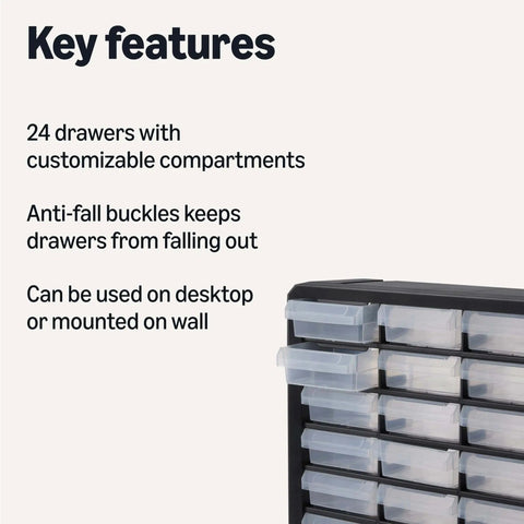 Side view of 24 Drawer Plastic Storage Organizer With Dividers For Office, Craft And Tools, showing key features text.