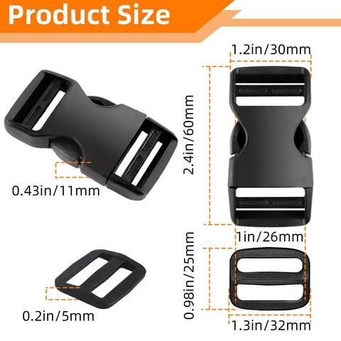 8 Pack 1 Inch Quick Release Side Release Buckles for Straps and Nylon Webbing, Includes 16 Slide Clips, product size details