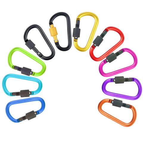 Durable Aluminum D Ring Carabiners With Screw Gate Clips 10 Pack Multicolor arranged in a semi-circle